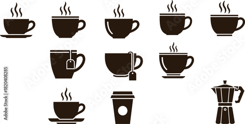 Hot Coffee and Tea Icons Vector Silhouette Set: Steaming Mugs, Cups with Saucers, Tea Bags, Takeaway Cup, and Moka Pot, for Cafe and Drink Graphics
