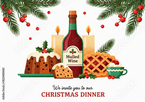 Christmas Dinner Invitation Vector Illustration. Festive Holiday Meal with Mulled Wine and Pudding. Merry Christmas and Happy New Year Dinner invitation card. Winter Holiday Celebration.