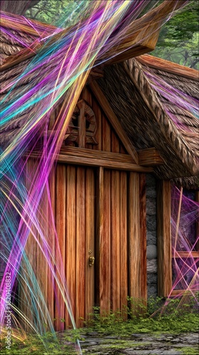 A rustic wooden cabin door with a thatched roof, surrounded by lush greenery and illuminated by vibrant, abstract streaks of colorful light, suggesting a magica