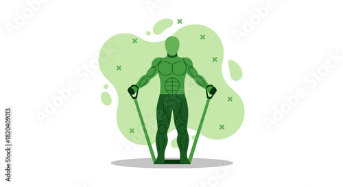 An illustrated green fitness graphic depicts a muscular person exercising with resistance bands, promoting health and wellness on a white background.