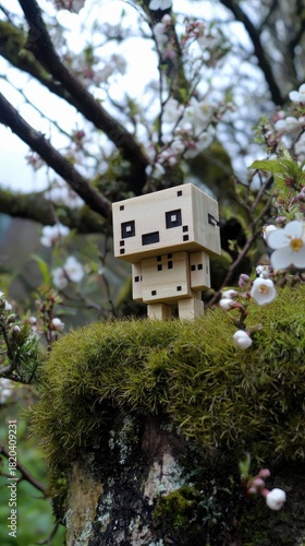 A small, wooden robot toy with a pixelated face stands on a moss-covered tree stump, surrounded by blooming cherry blossom branches. The scene is lit with soft,