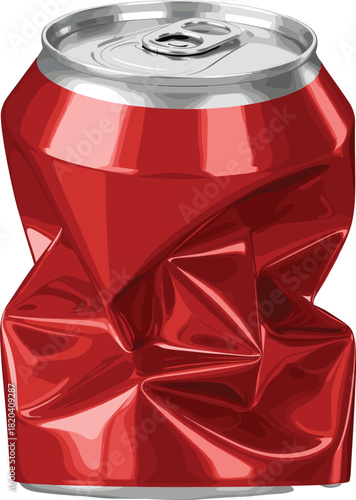 Realistic Red Aluminum Can Vector Illustration, Crumpled and Crushed for Recycling, Representing Waste, Garbage, Beverage Container, and Environmental Conservation Concepts