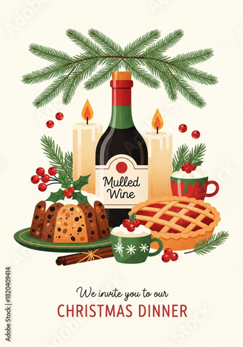 Christmas Dinner Invitation Vector Illustration. Festive Holiday Meal with Mulled Wine and Pudding. Merry Christmas and Happy New Year Dinner invitation card. Winter Holiday Celebration.