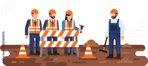 Construction Workers Vector Illustration with Safety Vests, Hard Hats, and Road Barrier, Representing Road Work, Repair, Civil Engineering, Building, and Safety Concepts