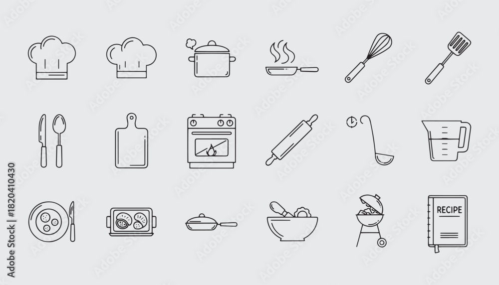 Fototapeta premium Kitchen Tools Icon Set – Cooking Utensils, Chef Tools & Kitchenware | Outline Vector