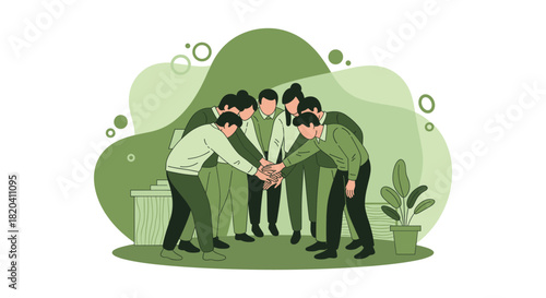 A diverse team of professionals joins hands, symbolizing unity, collaboration, and teamwork in a modern, green-toned illustration for business success.
