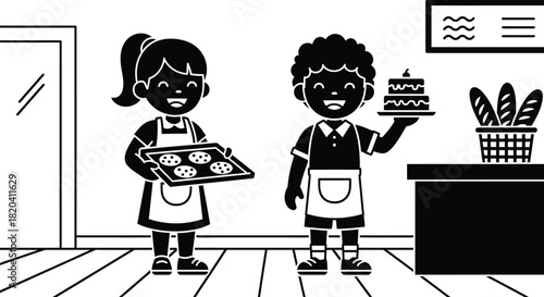 Happy children baking delicious treats and breads in bakery shop fun