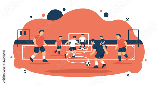 Illustration depicts a soccer match with players actively competing on a vibrant field, showcasing teamwork and athletic prowess in a dynamic scene.