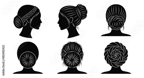 Elegant silhouettes of woman's stylish updo hairstyles collection