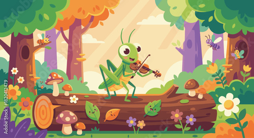 Grasshopper Playing on a Log
Flat vector grasshopper sitting on a fallen log in a colourful forest,
