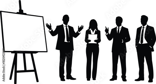 WebBusiness Team Silhouettes Presenting Training Seminar Conference Speaker Speaking Next to Blank Easel Whiteboard Corporate Presentation Vector Illustration Icon