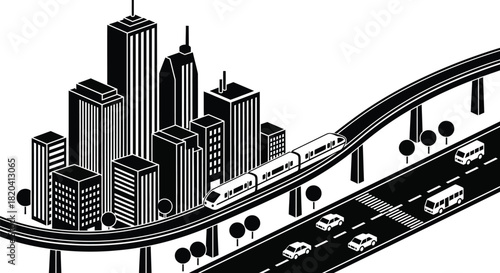 Cityscape illustration with train and highway black and white art