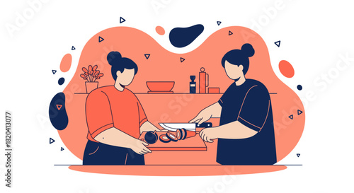 Two women prepare food in a kitchen, one slicing vegetables with a knife, fostering culinary collaboration and healthy eating habits.