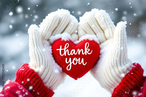 Winter Thank You Image: Hands in Mittens Holding Red Heart in Snow, Gratitude & Appreciation Card, Holiday Season Greetings