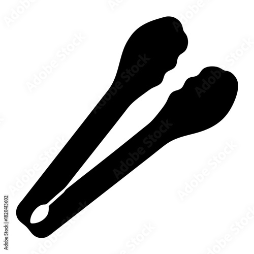 Minimalist black silhouette of kitchen tongs on a white background, graphic