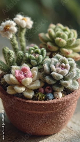 Close up of a pot with handcrafted textile succulents