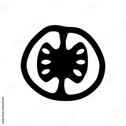 Stylized monochrome depiction of a sliced tomato showcasing its inner seed compartments