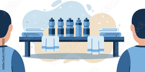 An illustration depicts a gym setting with water bottles, towels, and two people, promoting health and wellness for a fit lifestyle.