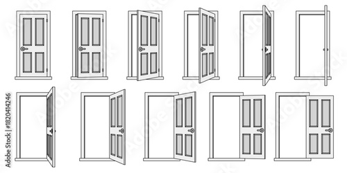vector cartoon white flat black line door animation set, clipart isolated on transparent background. 