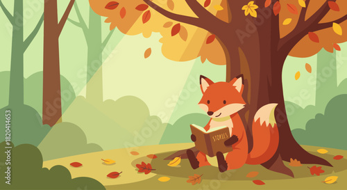 Fox Reading a Book Under a Tree
Flat vector fox sitting under a big tree reading a book, fallen leaves around
