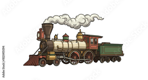 Vintage steam locomotive vector illustration with detailed classic engine, smoke, wheels, and old-style railway design in retro cartoon style isolated on white background
