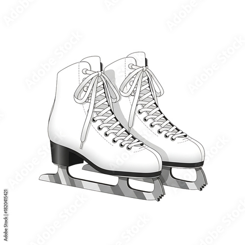Pair of white figure skates with silver blades.