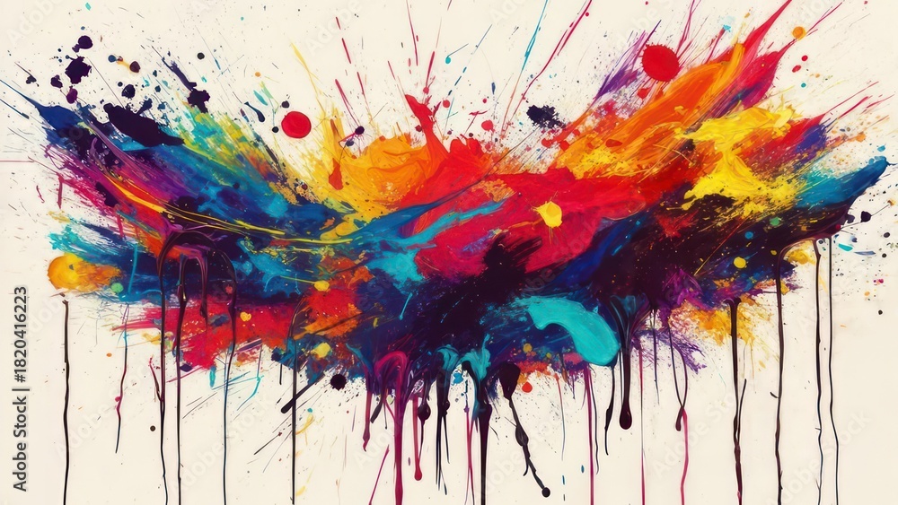 Fototapeta premium Abstract burst of vibrant colors explodes, dripping downwards against a creamy backdrop