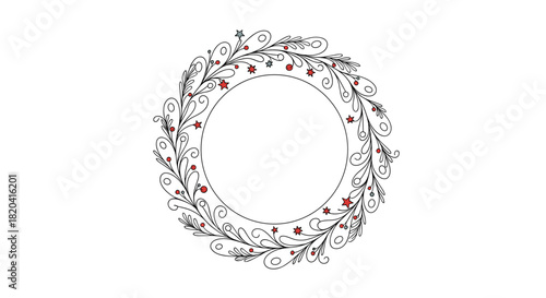 One continuous line drawing of Christmas wreath with red berries. Round floral door decoration in simple linear style. Thin flourish border with stars. Editable stroke doodle vector.