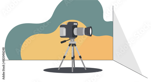 A digital camera mounted on a tripod captures an image, set against a backdrop of abstract shapes, ready to take a picture.