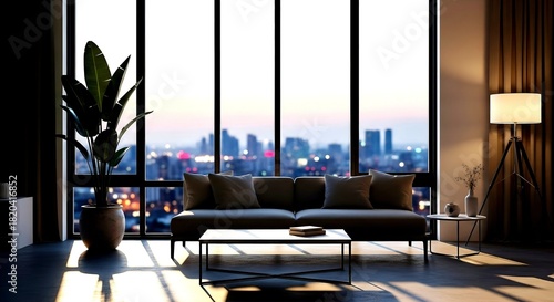 Luxurious Apartment Interior with City View, Plant, Sofa, and La