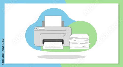An illustration of a printer with a stack of papers, conveying office tasks and document processing in a simple, modern style.