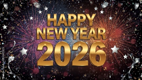 Happy New Year 2026 gold text effect firework star confetti Background