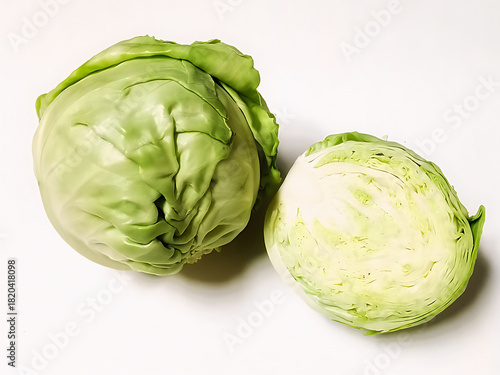 Freshly Harvested Round Cabbage, One Whole and One Cut in Half, High-Angle View.