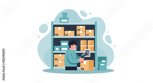 An illustration depicts a worker scanning barcodes on packages in a warehouse, managing inventory and logistics for efficient distribution.