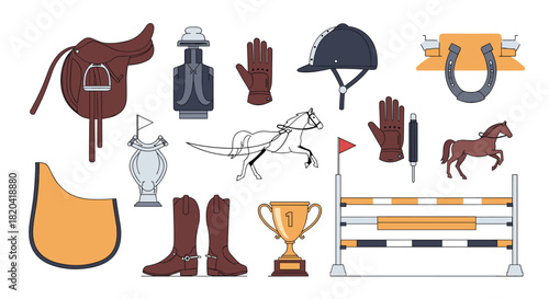 An illustrative set of equestrian sport equipment, horse riding gear, rider's attire, and competition symbols for various horse disciplines.