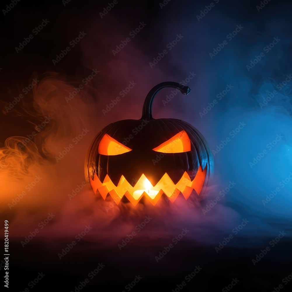 Fototapeta premium A terrifying carved pumpkin sitting in a deep fog, emitting a strange magical glow and smoky ethereal vapor in a haunted landscape ,pumpkin ,deep ,mystery