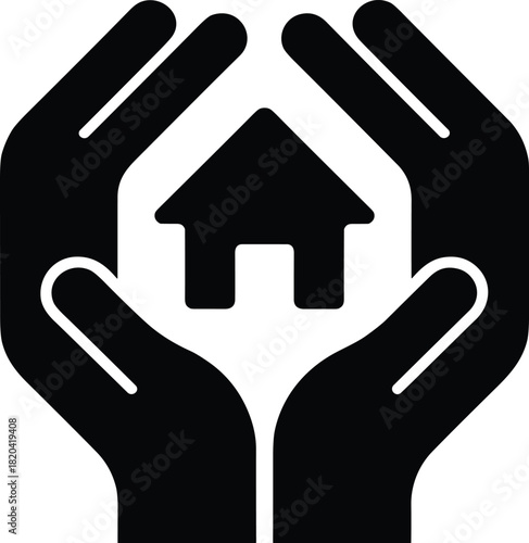 Hands embracing house icon representing home security, care, and property