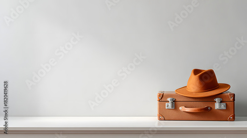 A vintage suitcase with an orange hat on top, ready for travel. The suitcase and hat sits on a ledge with a simple, clean background, evoking a sense of adventure and preparation.