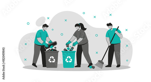 A team of volunteers diligently cleans up litter, collecting trash and sweeping the ground to promote environmental responsibility and community involvement.
