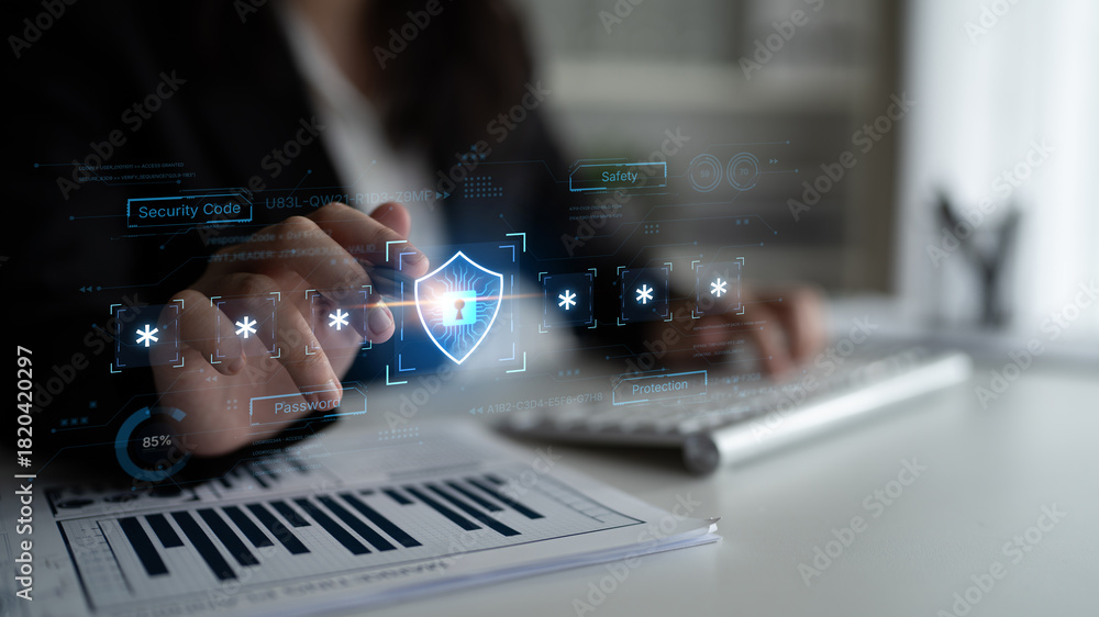 Fototapeta premium A concept of an advanced cybersecurity system. The futuristic interface shows a multi-factor authentication process using a secure password or PIN for enhanced data protection. Fermion
