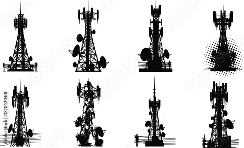 Collection of communication tower silhouettes, telecom antenna structures, wireless signal transmission masts, radio broadcasting infrastructure illustrations for technology and network design