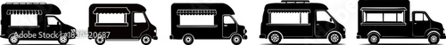 Basic Food Truck Silhouette Set. A stylized illustration of various food trucks lined up, showcasing their unique designs and features in a monochrome palette.