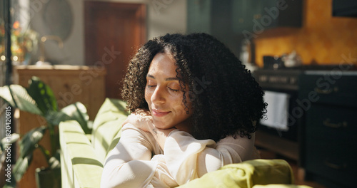Quadro su tela Peace, breathing and smile with woman in home for calm, zen and meditation