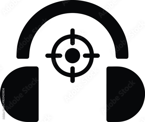 Gaming headset icon with crosshair, precise audio, immersive sound technology