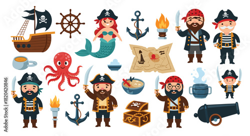 Vibrant collection of cartoon pirate characters, ships, anchors, treasure chests, and other nautical elements for adventure themes.