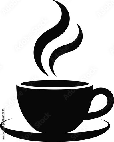 Steaming coffee cup icon in black silhouette for hot beverages design element