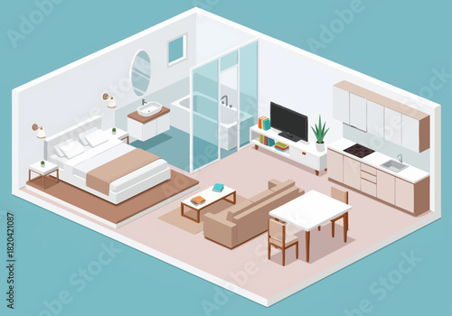 Modern Isometric Studio Apartment Interior Featuring an Open Layout with a Raised Bedroom Platform and Glass-Walled Bathroom