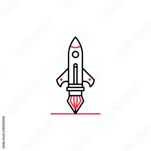 “Line art icon combining a rocket and a pen nib into one object, symbolizing creative launch, minimalist vector outline.”