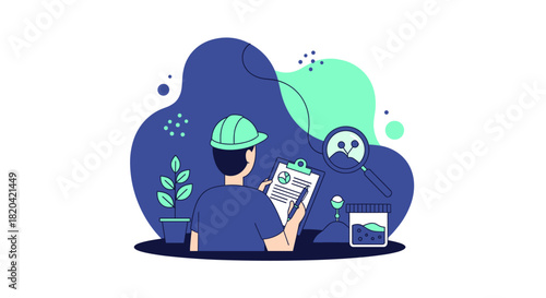 An inspector in a hard hat reviews a document, with a magnifying glass and plant, set against an abstract background.