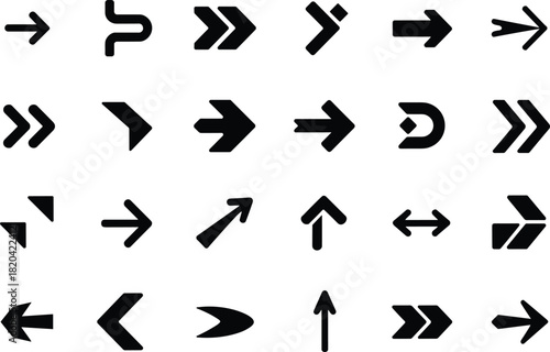 Collection of diverse black arrow icons for navigation and user interface design